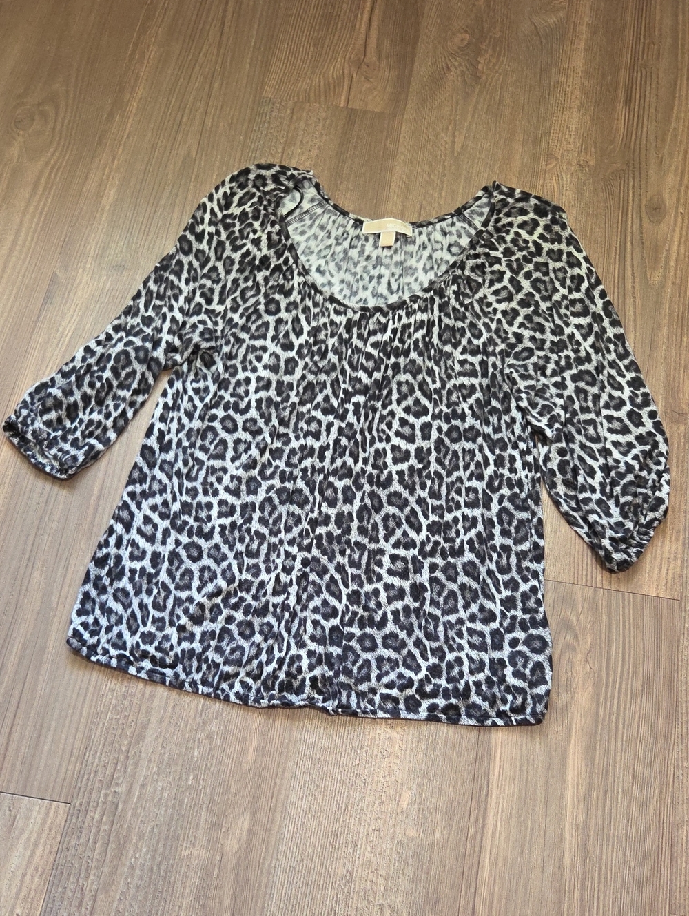 Michael Kors Black and White Leopard Print Scoop Neck Blouse